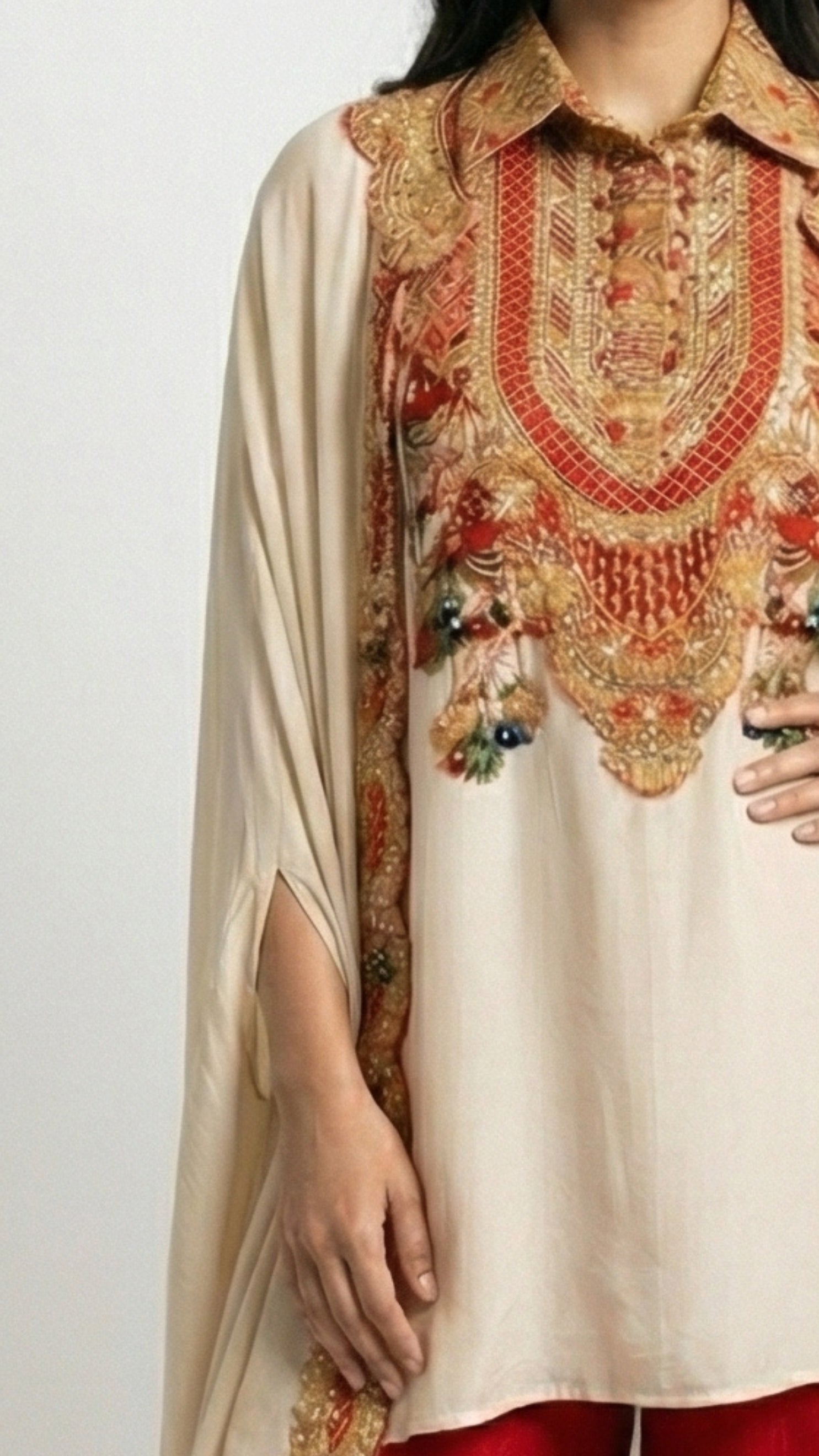 Beige & Red Digital Printed Crepe Coord Set with Cape Embellished with Pearl, Sequins & Sippi